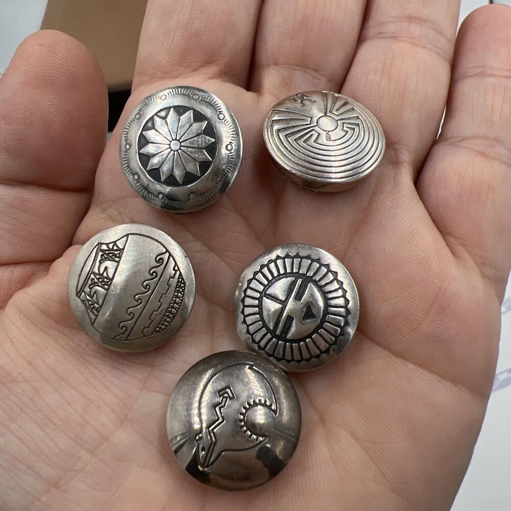 Set Of 5 Sterling Silver Button Covers Western Native American Snap On Vintage - Picture 7 of 9